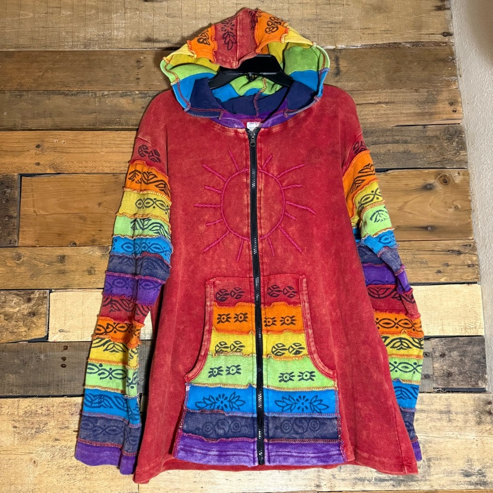 Y2K‎ Greater Good Sunshine Hippie Rainbow Boho Women's L/XL Zip Sweatshirt VTG